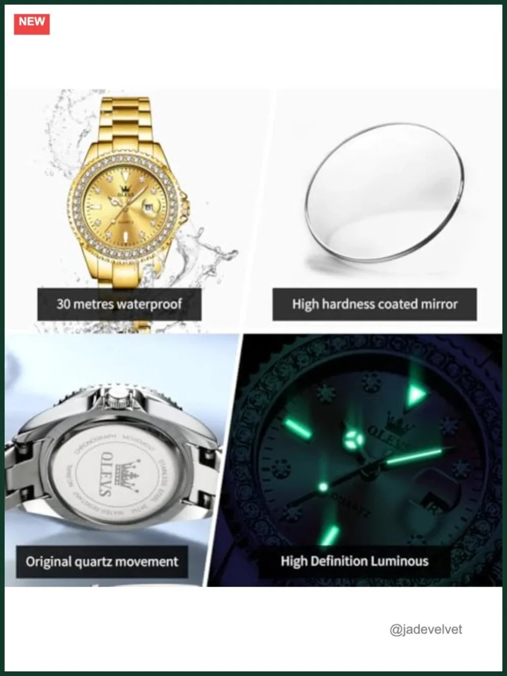 Diamond Dress Watch Analog Female Stainless Steel Waterproof Luminous Day Date